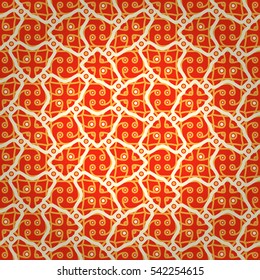 Bright red fancy seamless pattern in tracery style. Retro motif. Equable tessellated repeatable backdrop.