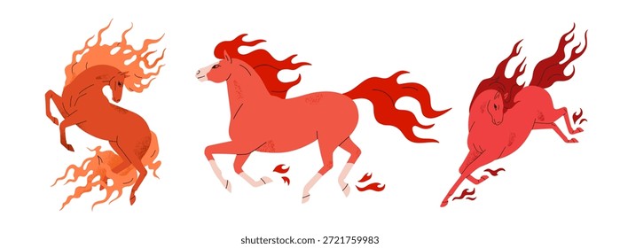 Caballo de fuego rojo brillante galopando y saltando. Sementales libres en una pose dinámica, yeguas elegantes en movimiento. Símbolo chino del año Nuevo 2026. Ilustración vectorial plana aislada sobre fondo blanco