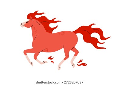 Caballo de fuego rojo brillante galopando con melena voladora. Semental libre en una pose dinámica, yegua elegante en movimiento. Símbolo chino del año Nuevo 2026. Ilustración vectorial plana aislada sobre fondo blanco