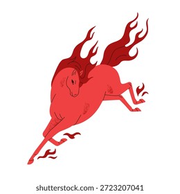 Caballo de fuego rojo brillante saltando con melena voladora. Semental libre en una pose dinámica, yegua elegante en movimiento. Símbolo chino del año Nuevo 2026. Ilustración vectorial plana aislada sobre fondo blanco