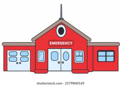 A bright red fire station Cartoon, Hand drawing illustration, ideal for emergency services, safety awareness, and urban planning visuals.