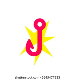 A bright red fishing hook graphic with a yellow starburst