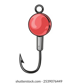 A bright red fishing hook is prominently displayed. Its shiny surface and sturdy design indicate it is ready for use in fishing. Ideal for both enthusiasts and beginners in outdoor activities.