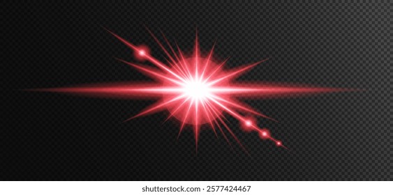 Bright red flash of light with glowing rays and sparkling effects on a transparent background. Suitable for creating energetic, explosive or festive design elements in digital and graphic projects.