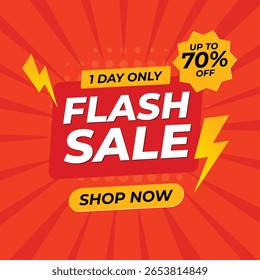 Bright red flash sale banner with bold text, lightning bolts, and discount badge. Ideal for one-day deals, online store promotions, and seasonal campaign ads.