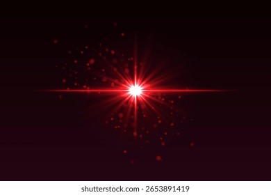 Flash vermelho brilhante com partículas de brilho espalhadas. Explosão em forma de estrela com brilho suave cria efeito de luz mágica.