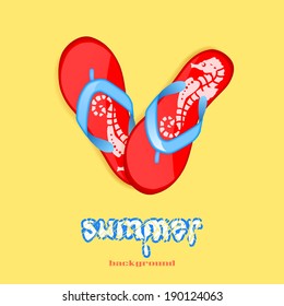 Bright red flip flops with a pattern of seahorses on a yellow background. summer concept