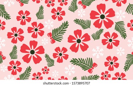 Bright red flower, foliage, style floral pattern background.