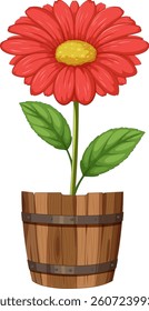 Bright red flower with green leaves in a rustic wooden pot. Vector style with bold colors and clean lines