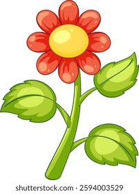 Bright red flower illustration with vibrant green leaves and stem