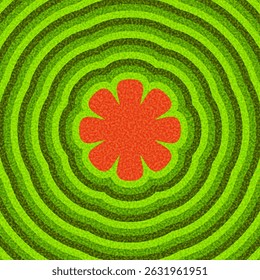 Bright red flower shape with rounded petals on layered green ripple waves. Vector illustration for decorative use.