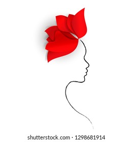 Bright red flower and a silhouette of a woman's face isolated on a white background