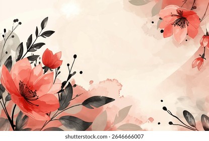 Bright red flowers bloom soft faded backdrop abstract watercolor washes. Intricate black outlines of petals and leaves, smaller blooms punctuate the design. Artistic arrangement serene atmosphere