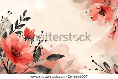 Bright red flowers bloom soft faded backdrop abstract watercolor washes. Intricate black outlines of petals and leaves, smaller blooms punctuate the design. Artistic arrangement serene atmosphere
