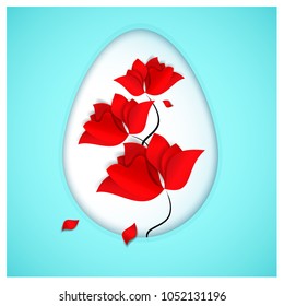 A bright red flowers with falling petals and Easter egg  on blue background. 3d paper-cut vector. Easter egg hunt