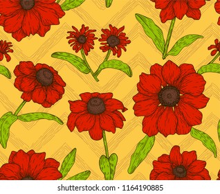 Bright red flowers and leaves on a pale yellow background with zigzag. Shabby floral vector seamless pattern .