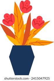 Flores rojas brillantes en un jarrón azul marino con hojas amarillas, decoración floral. Decoración casera moderna con estilizada ilustración vectorial de ramo.