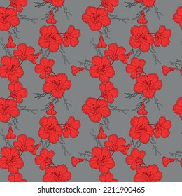 Bright red flowers on gray background, seamless for textile and paper.