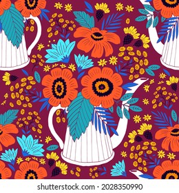 Bright red flowers in the white teapot . Seamless vector pattern with hand drawn illustration with floral theme