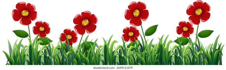 Bright red flowers with yellow centers amidst lush green grass. Vector illustration with vivid colors and clean lines