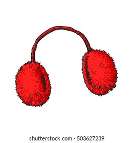 Bright red fluffy fur ear muffs, sketch style vector illustrations isolated on white background. Hand drawn fluffy ear warmers, ear muffs made of fur, winter accessory