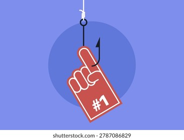 A bright red foam finger, like those used by sports fans, hangs from a sharp hook against a calm blue background, symbolizing the dangerous lure and manipulation of flattery.
