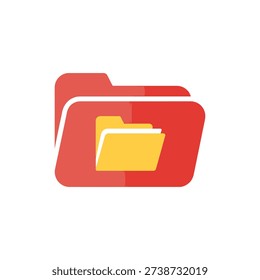 Bright red folder icon with yellow documents inside flat design style isolated on white background digital illustration