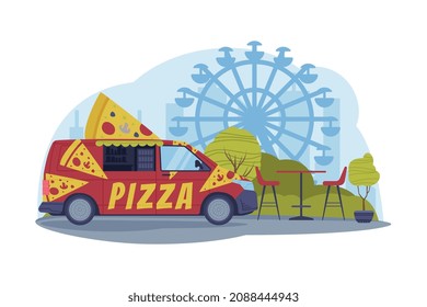 Bright Red Food Truck with Pizza Slice in Green Park Area Cooking and Selling Street Food Vector Illustration