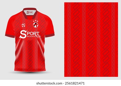 A bright red football shirt with a striking design featuring overlapping vertical lines. The bright red gives a full intensity and the pattern looks three-dimensional, adding interest to the shirt.