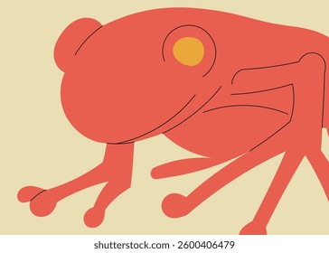 A bright red frog with large eyes and delicate limbs in a minimalistic art style