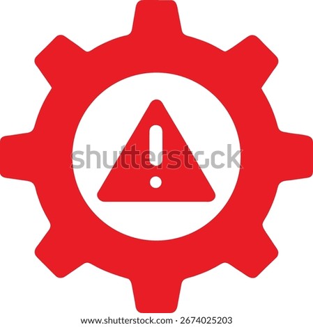 A bright red gear icon featuring a prominent white triangle with a red exclamation mark inside, signifying a warning or alert. Isolated on a clean white background.