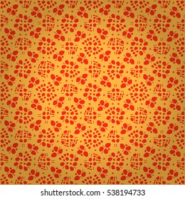 Bright red geometrical seamless pattern in Rorschach test style. Intricate tessellated repeatable backdrop.