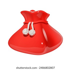 Bright red gift bag with white drawstrings, perfect for holiday celebrations, Christmas presents, and festive decor designs. 3D icon.