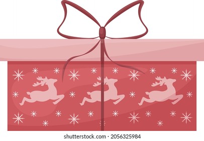 Bright red gift box. Festive packaging decorated with the image of Santa Claus reindeer. The box is wrapped with a red ribbon. Christmas gift box, vector illustration isolated on white background