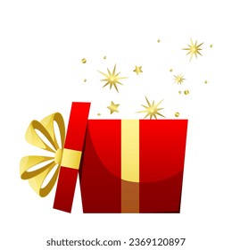 Bright red gift box with gold ribbon and bow. A magical Christmas.
