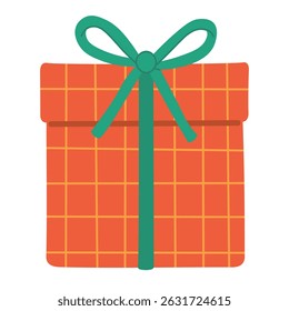 Bright red gift box with plaid pattern, green bow and lid, great for festive or holiday designs.