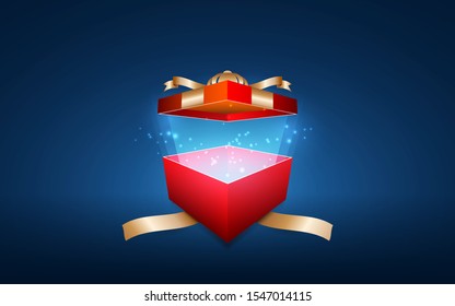 Bright red gift box with shining stars.