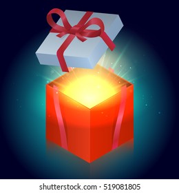 Bright red gift box with shining stars. Vector illustration
