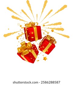 Bright Red Gift Boxes with Gold Ribbons and Festive Confetti and Stars.