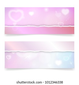 Bright red gift voucher template with realistic torn paper borders, hearts and lights effects. Vector illustration for valentine's day web headers or advertising, coupon, ticket or disclunt card