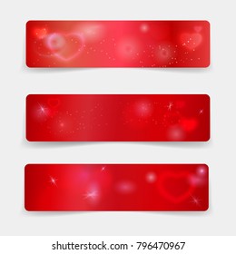 Bright red gift voucher template with realistic torn paper borders, hearts and lights effects. Vector illustration for valentine's day web headers or advertising, coupon, ticket or disclunt card