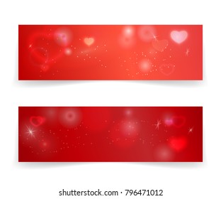Bright red gift voucher template with realistic torn paper borders, hearts and lights effects. Vector illustration for valentine's day web headers or advertising, coupon, ticket or disclunt card