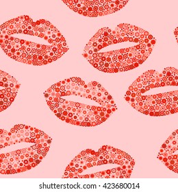 Bright red ginger foxy carroty-colored lips vector seamless pattern on pink background. Mosaic vector illustration for makeup and cosmetics design. 