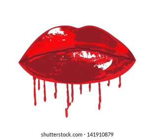 bright red glossy lips are dripping with blood