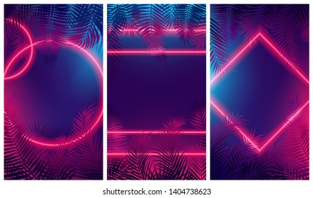 Bright red glow from geometric shapes, neon cyberpunk background with tropical leaves