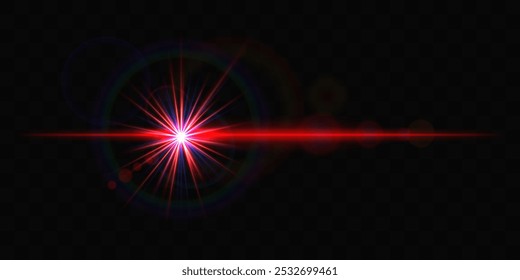 Bright red glowing light burst with lens flare on a black background, creating a dynamic and futuristic effect. Lens flare, star light effect, reflection