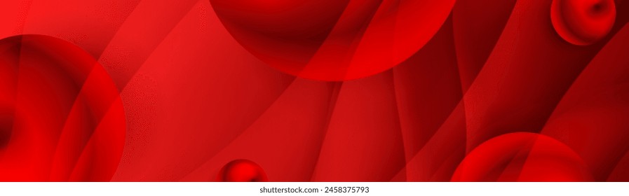 Bright red glowing shiny waves and spheres abstract background. Vector banner design