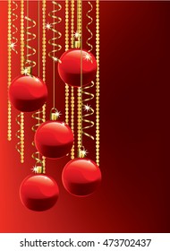 Bright, red graded Christmas background with red baubles and bright stars