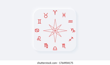 Bright red gradient square button with horoscope zodiac signs. Neumorphic effect icon. Shaped figure in trendy soft 3D style. Astrological pictogram symbols