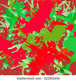 Bright red and green colorful artistic paint splashes, square format. Abstract Christmas background.